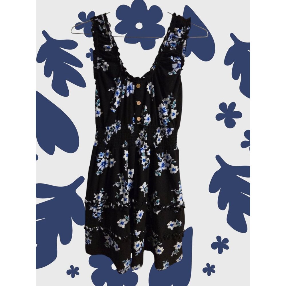 Junior Sundress M 7-9 Black Blue Floral Pullover Elastic Waist EUC